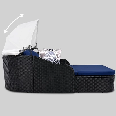 FURNIinspire Patio Chaise Lounges Outdoor Sunbed With Adjustable Canopy, Patio Chaise Lounge, Black Wicker Daybed And Blue Cushion, 79.9“*52.4"*49.6" 5 FURNIinspire Patio Chaise Lounges Outdoor Sunbed With Adjustable Canopy, Patio Chaise Lounge, Black Wicker Daybed And Blue Cushion, 79.9“*52.4"*49.6" - Image 3
