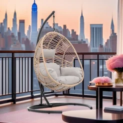 FURNIinspire Patio Swings Wicker Swing Egg Chair With Stand, Outdoor Indoor Hanging Chair With Beige Seat Cushion, Natural Color, 42β*47"*73"